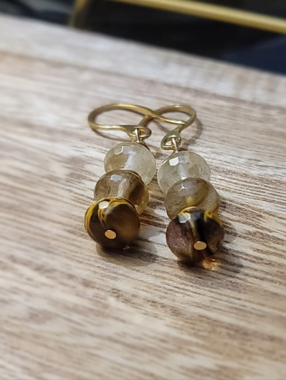 Handmade Volcano Cherry Quartz Dangle Earrings Gold Tone Neutral Beaded Drop